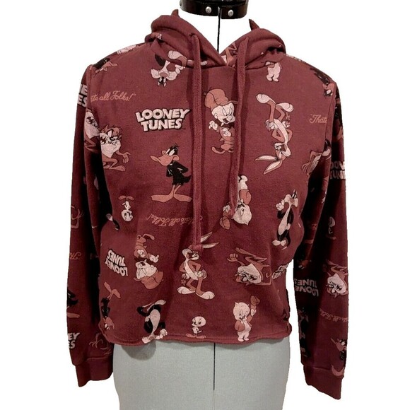 Looney‎ Tunes Characters Graphic Print Hoodie Cropped Burgundy XCH - Picture 1 of 3